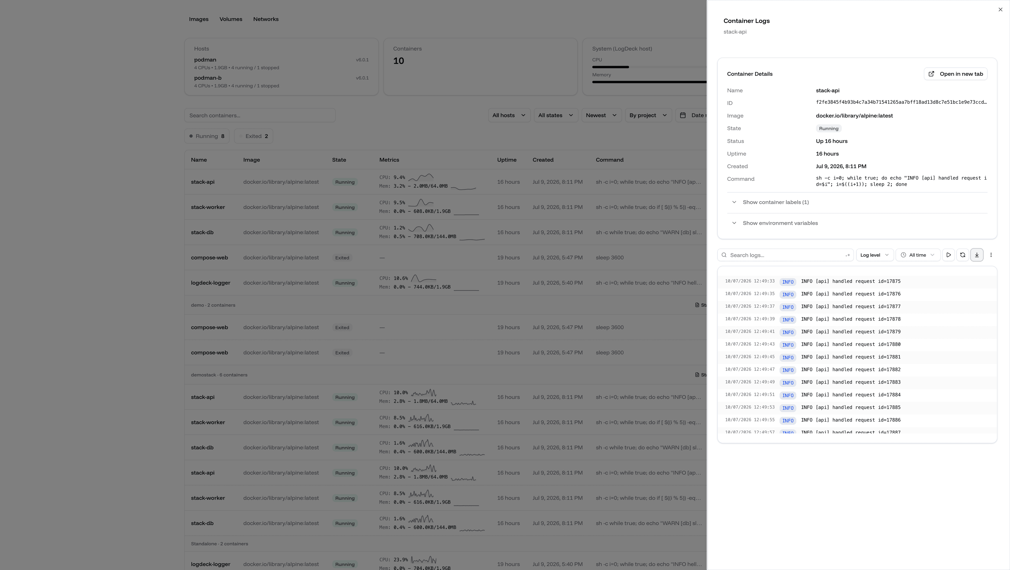 LogDeck log viewer with search, level filters, and streaming logs